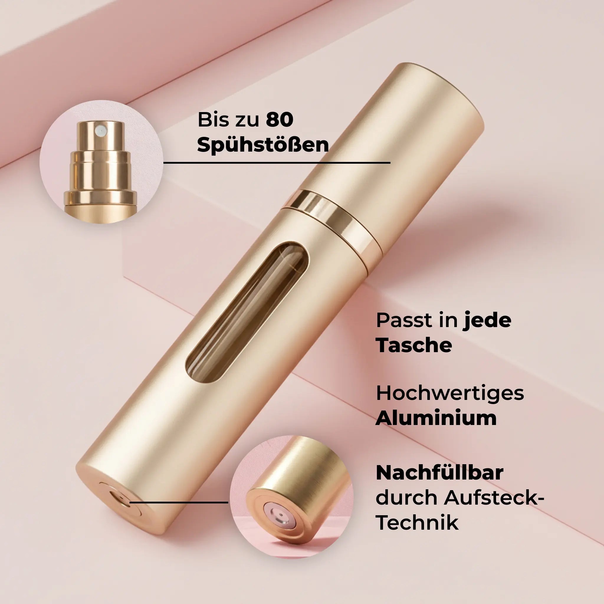 Reise-Flakon aus Aluminium · Bis zu 80 Anwendungen · Ideal für unterwegs
