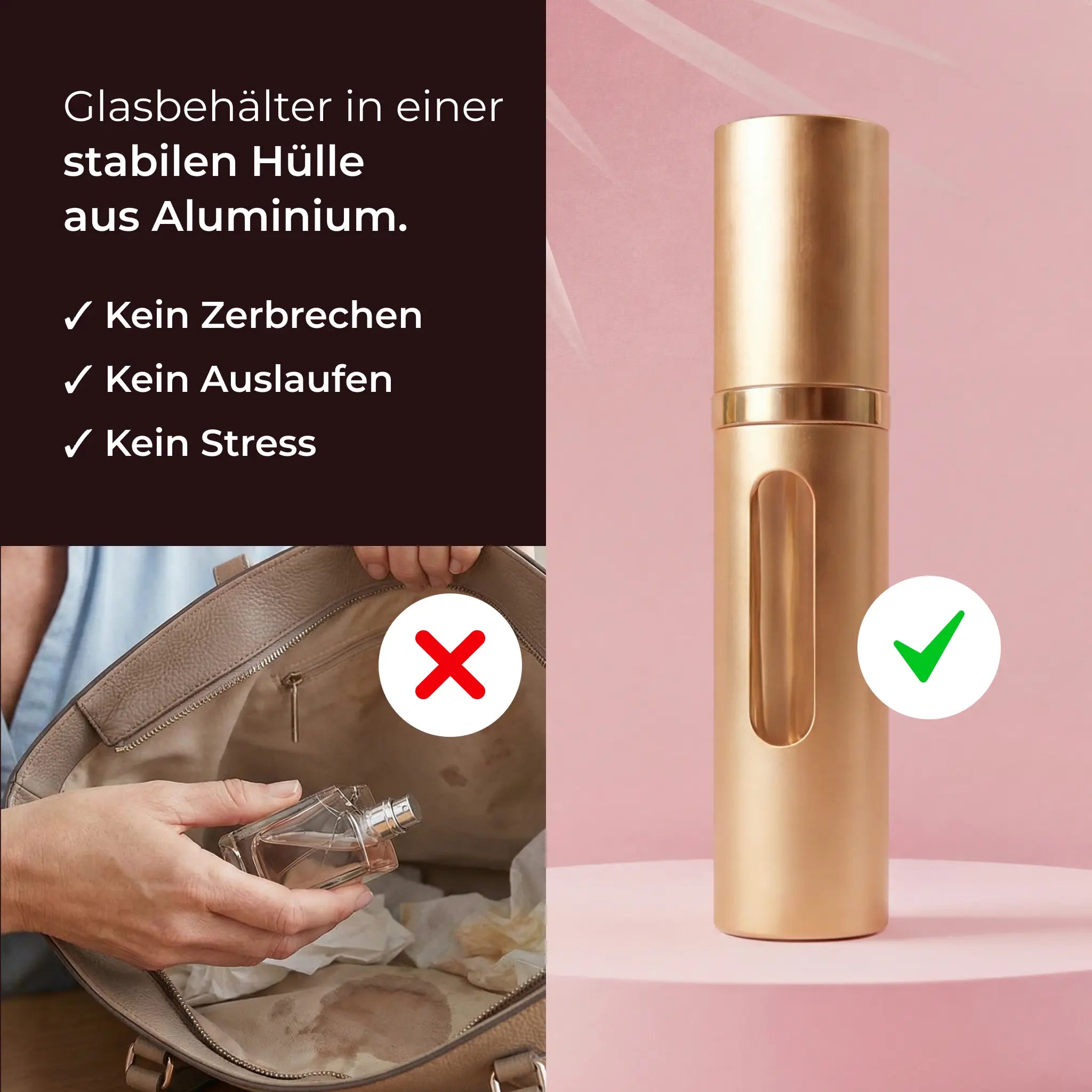 Reise-Flakon aus Aluminium · Bis zu 80 Anwendungen · Ideal für unterwegs